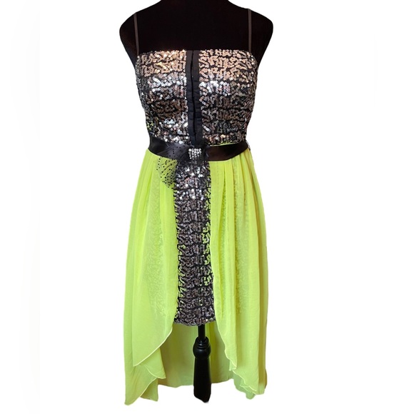 NEW City Studio Neon Yellow Metallic Silver Sequin Hi Lo Bustier Formal Dress - Picture 1 of 8